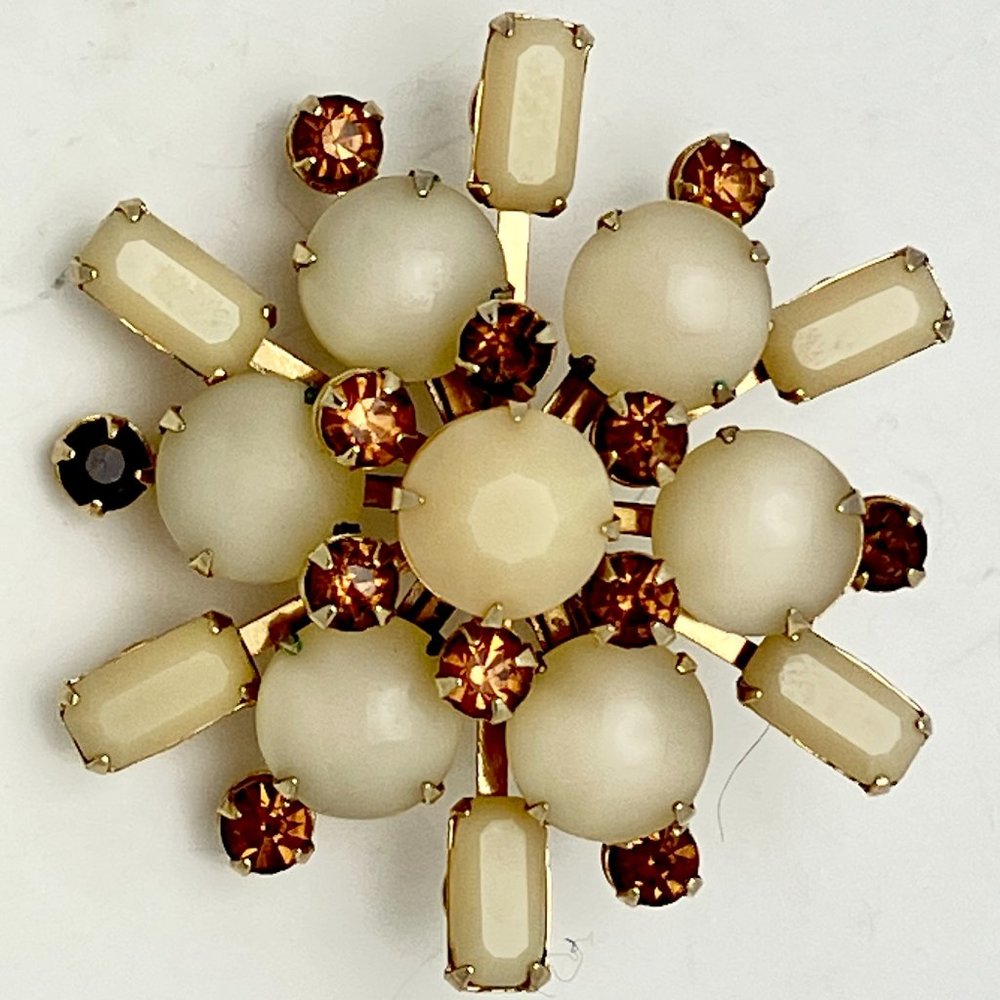 1950s 1960s White & Bronze Stone Floral Starburst Brooch Unsigned